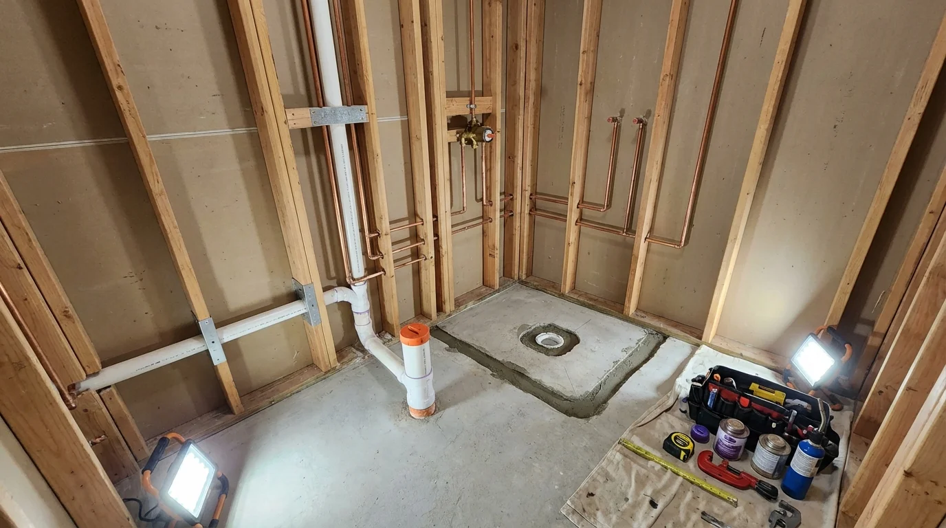 Bathroom rough-in plumbing during remodel by Johns Plumbing LLC in Cambridge