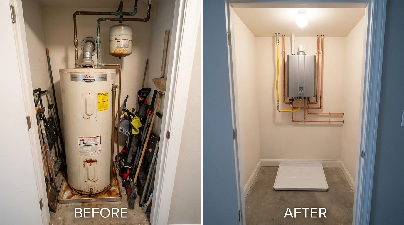 Tank water heater versus wall-mounted tankless unit comparison for Cambridge, NE homeowners