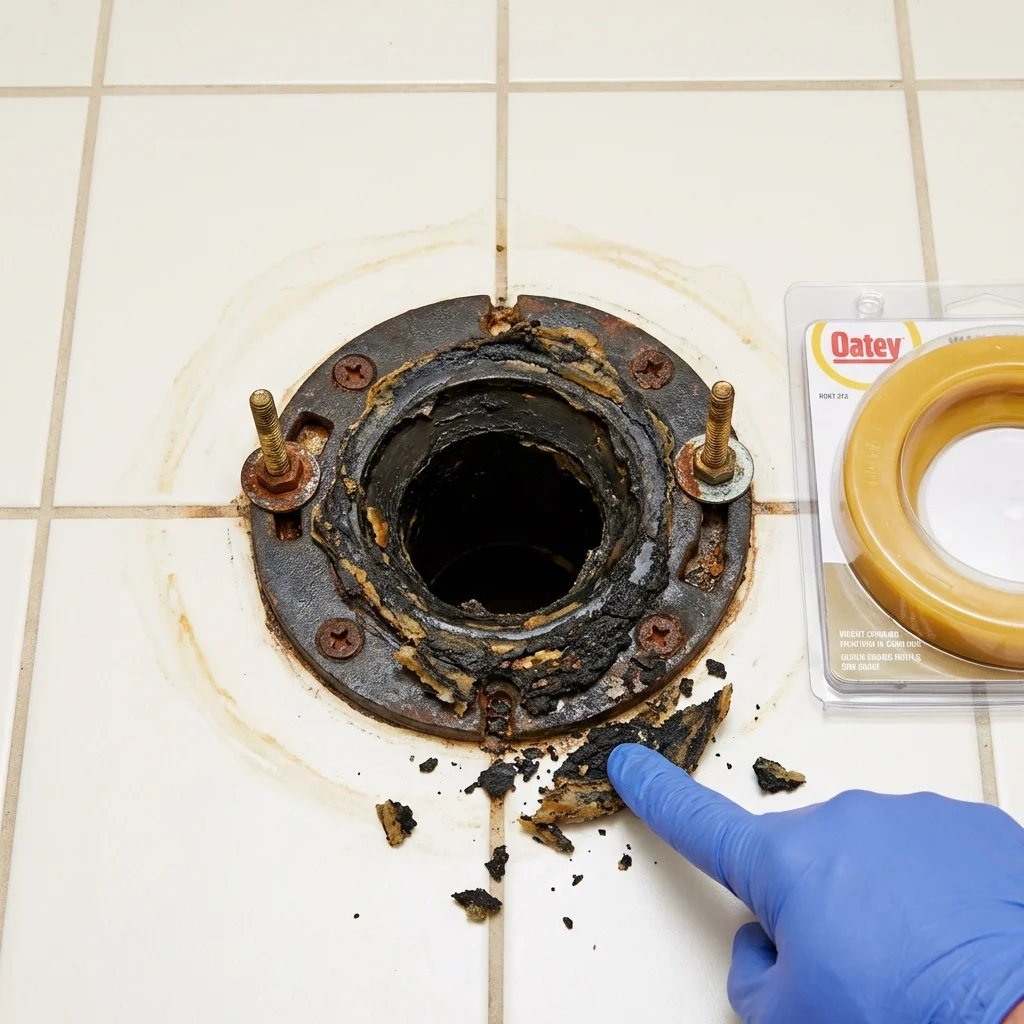 Failed wax ring showing water seepage at the base of a toilet in a Cambridge, NE home