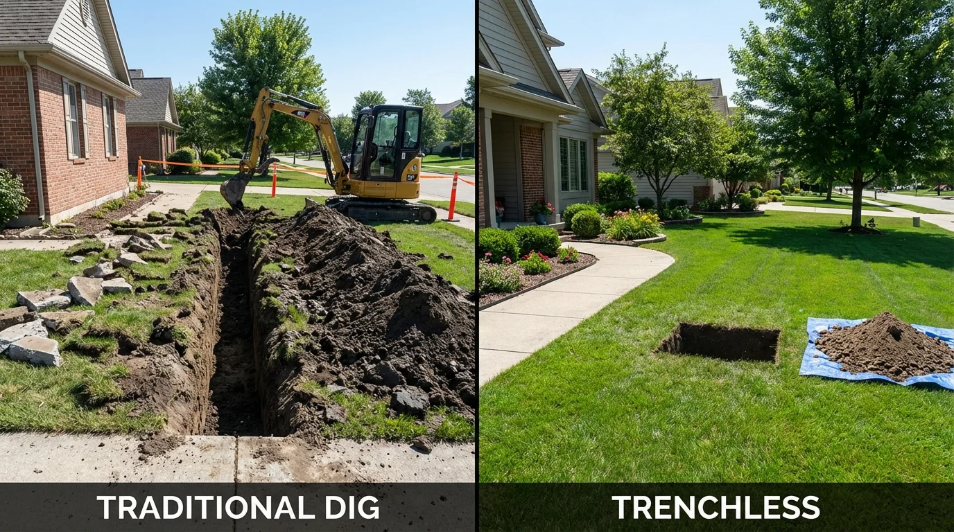 Trenchless sewer repair with minimal yard damage versus traditional excavation in Cambridge, NE